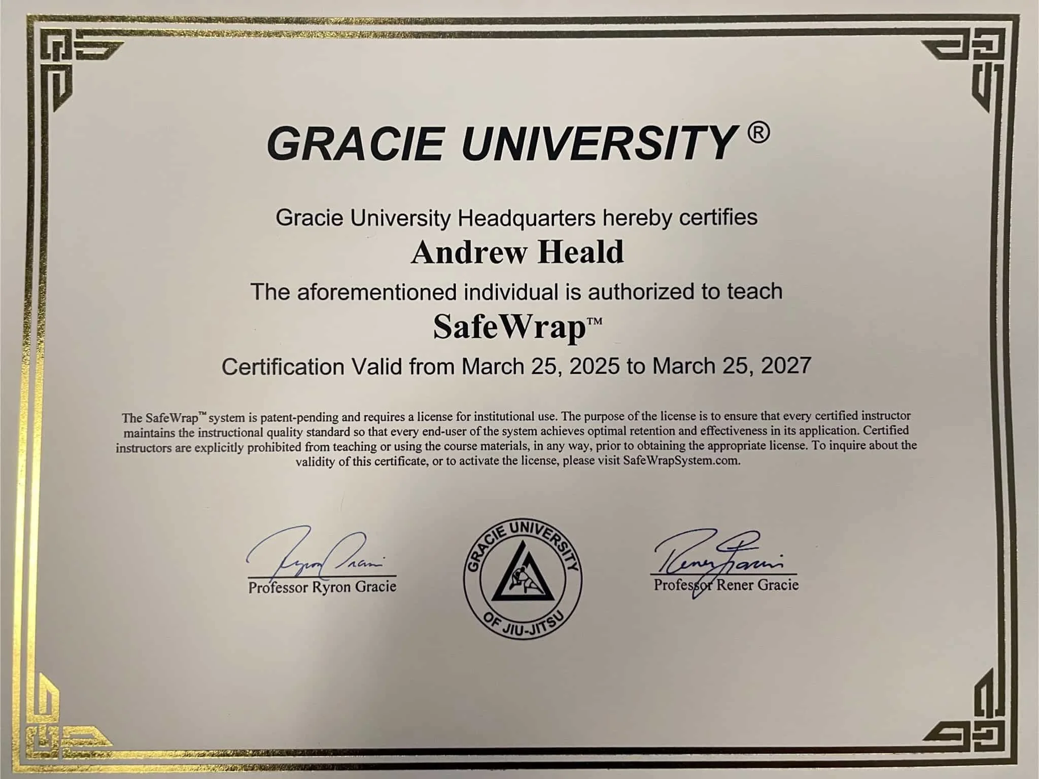 SafeWrap instructor certificate for Andrew Heald
