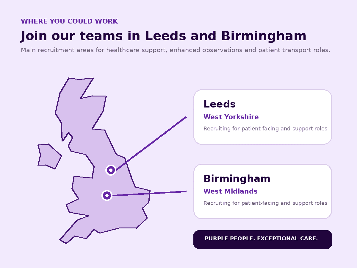 Map showing UK Patient Care recruitment areas in Leeds and Birmingham Map showing UK Patient Care recruitment areas in Leeds and Birmingham