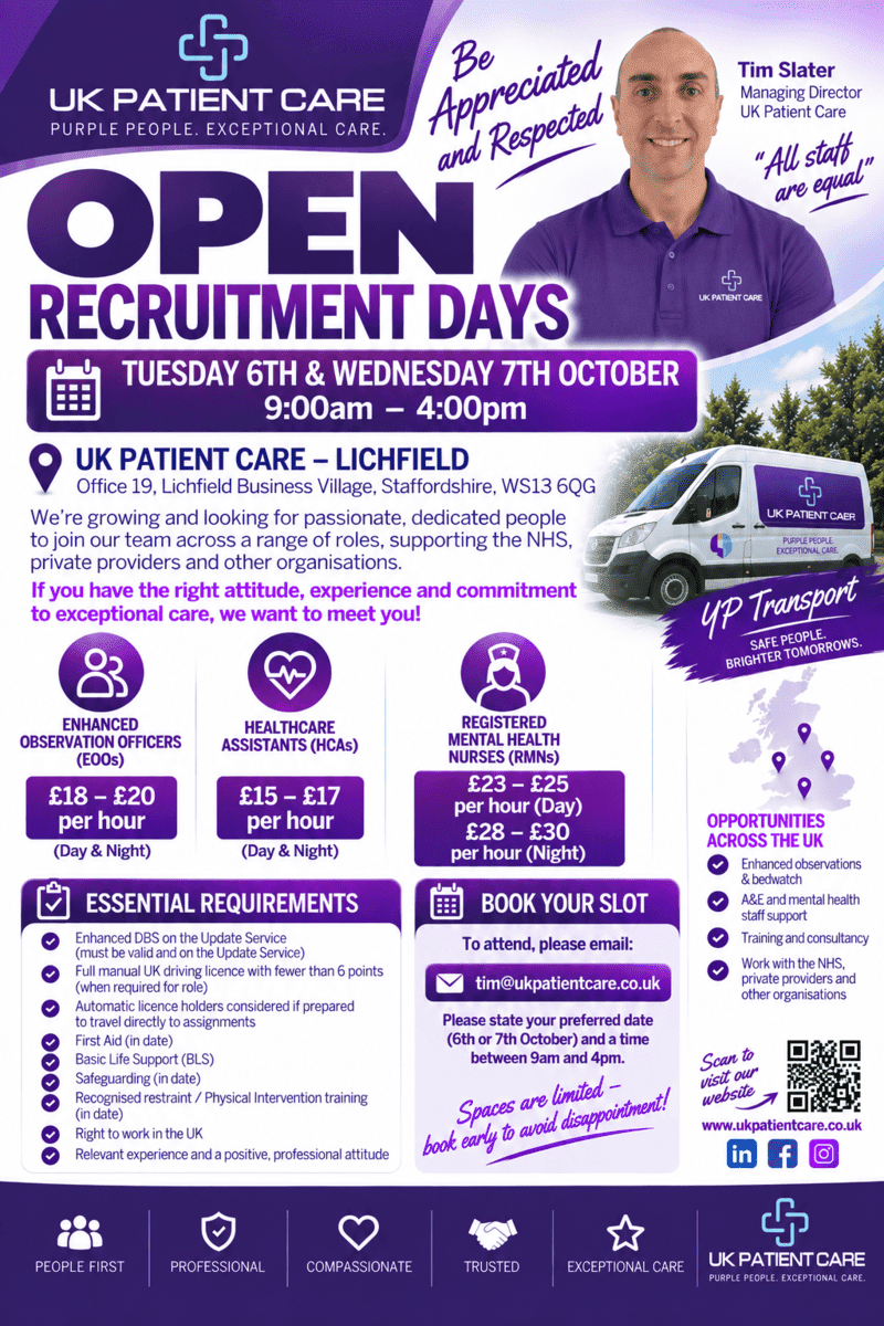 UK Patient Care open recruitment days in Lichfield on 6 and 7 October 2026 UK Patient Care open recruitment days in Lichfield on 6 and 7 October 2026